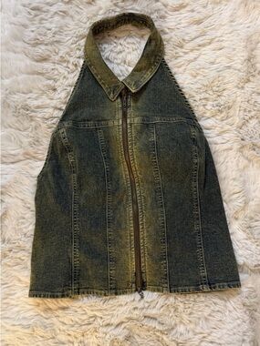 UO Olive Denim Zip-Up Top (Open Back)